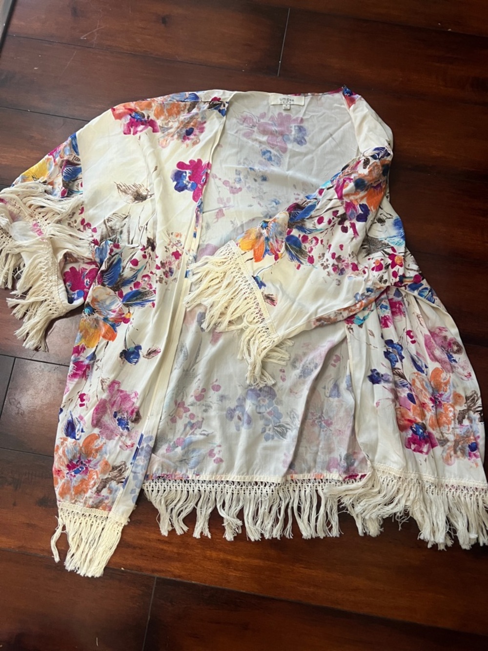 Umgee Cream Floral Fringe Kimono with Pink and Blue Blooms